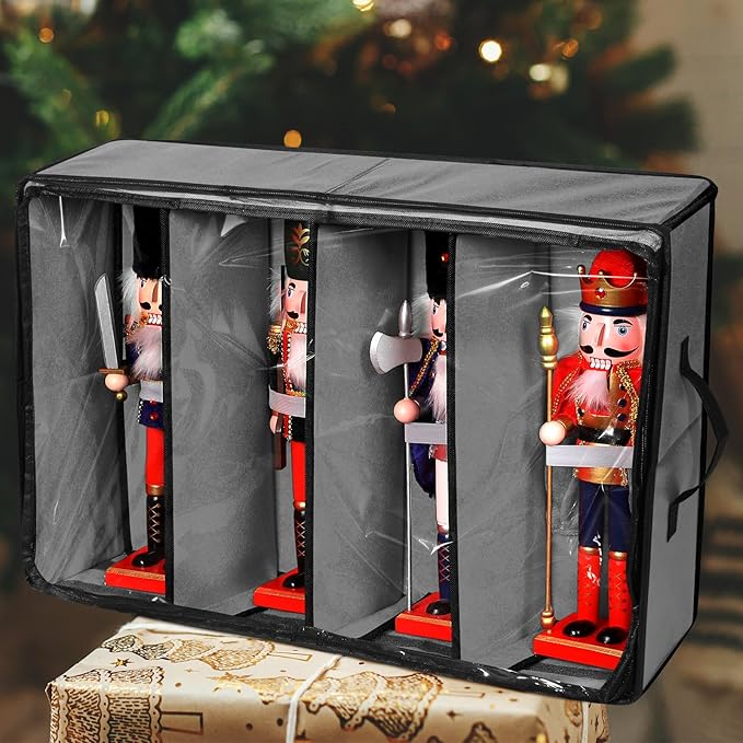 Preboun 4 Pack Clear Top Christmas Nutcracker Storage Box Christmas Figurine Storage Box Containers Ornament Storage Box Storage Container Each Holds 4 Figurines up to 16 Inches (Gray)