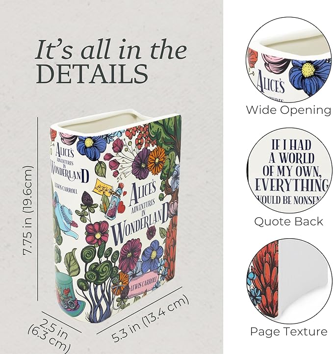 Steel Mill & Co Original Large Book-Shaped Decorative Vase, Ceramic Vases for Home Decor, Cute Bookshelf Decor, Unique Vase for Book Lovers, Alice's Adventures in Wonderland - Floral Nonsense