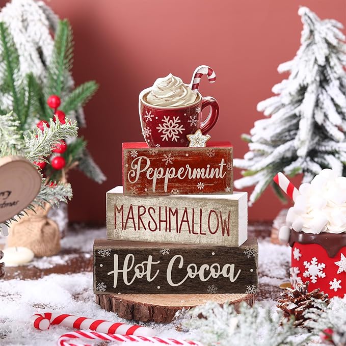 Moucuny 4 Pcs Christmas Table Decor Wooden Hot Cocoa Decoration Christmas Centerpiece Winter Tiered Tray Decor Decorative Red Hot Cocoa Block Signs Farmhouse Xmas Decoration for Home