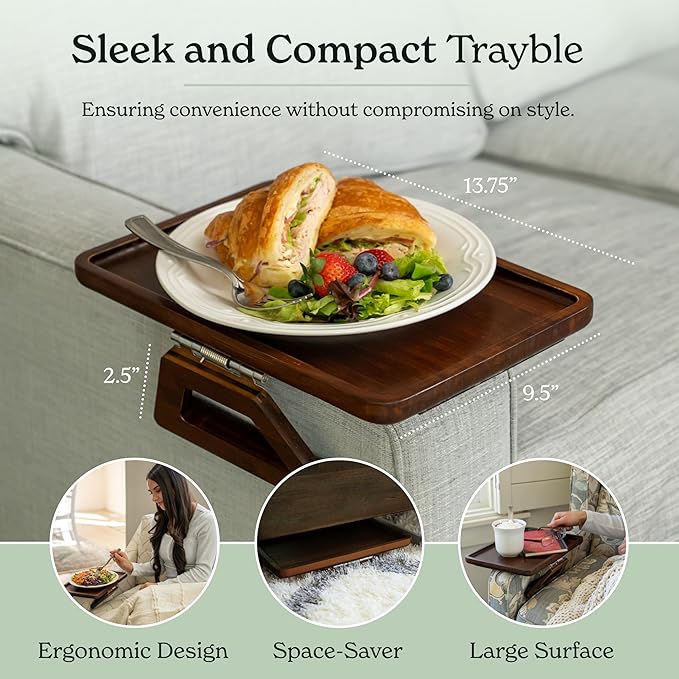 Shamrock Home Bamboo Trayble Couch Arm Table, Clip On Tray Sofa Table for Couches. Sofa Arm Tray, Armchair Table for TV Dinners, Remotes, Drinks and Snacks - 13.75 x 9.5inch, Brown