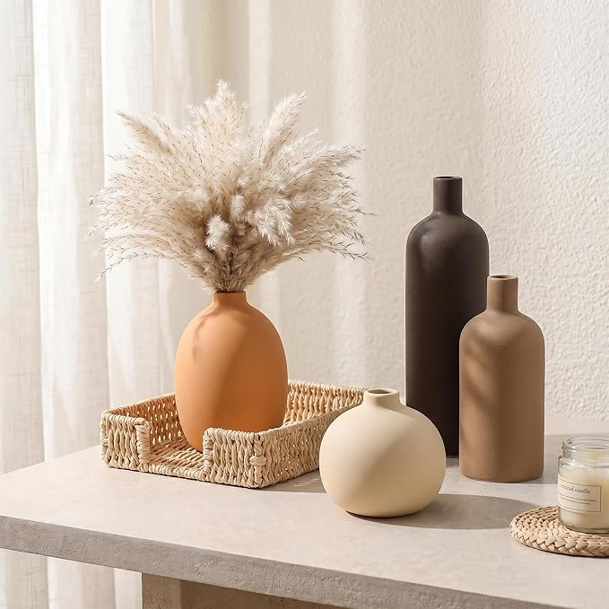 Ceramic Vase Set of 4, Modern Neutral Colors Home Decor, Rustic Farmhouse Decorative Flowers Vases for Bouquet, Pampas | Table Mantel Centerpiece Bookshelf Living Room Bedroom (Neutral Mix Set of 4)