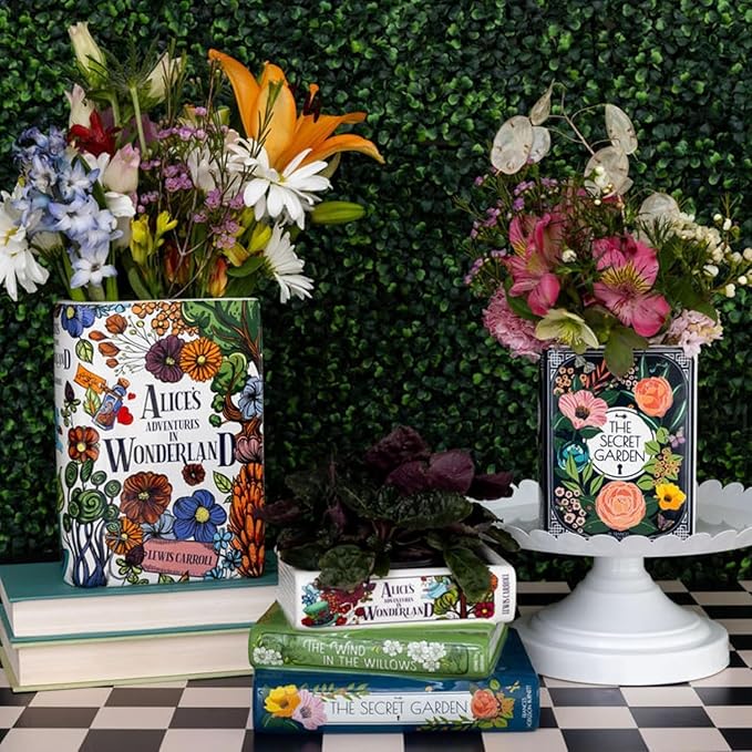 Steel Mill & Co Original Large Book-Shaped Decorative Vase, Ceramic Vases for Home Decor, Cute Bookshelf Decor, Unique Vase for Book Lovers, Alice's Adventures in Wonderland - Floral Nonsense