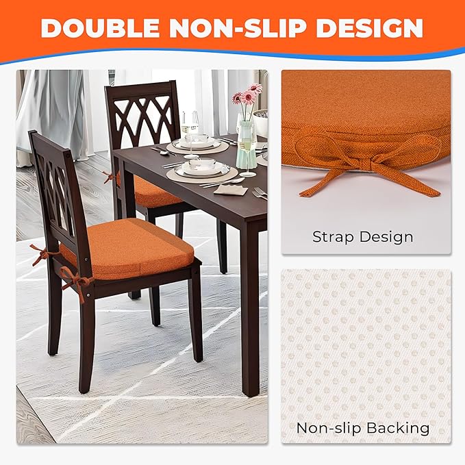 Sunsleek Chair Cushions for Dining Chairs, D-Shaped Seat Cushions with Removable Washable Cover and Ties, Chair Pads for Kitchen, Indoor Dining Room, Patio Chairs, 17'' x 16'', Set of 6, Orange