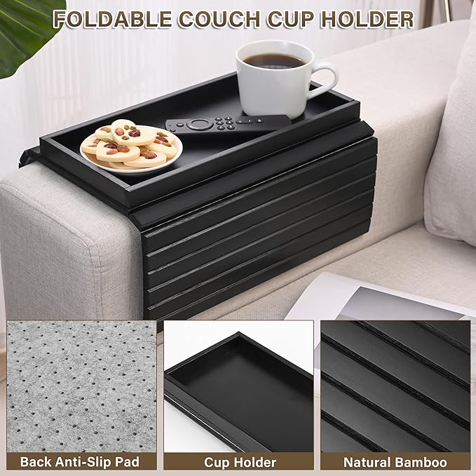 Bamboo Sofa Arm Tray, Anti-Dropping Couch Arm Tray, Foldable Sofa Armrest Tray Couch Arm Table for Eats, Drinks, Snacks, Remote, Cellphone, Cup Holder, Back Anti-Slip Pad Design