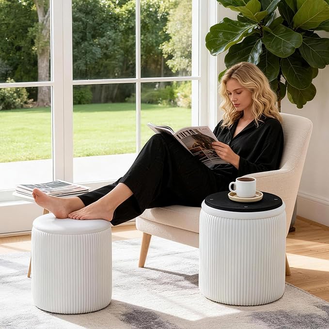Vanity Stool Set of 2 - Round Storage Ottoman with Lid, Velvet Footrest Pouf for Makeup Room & Living Room, Multi-Use Small Chair with Hidden Storage（White）