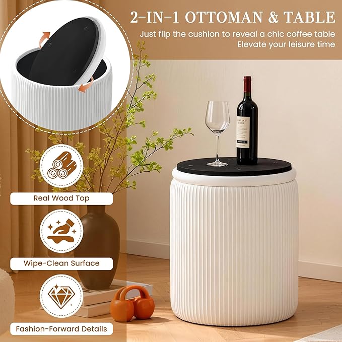 Vanity Stool Set of 2 - Round Storage Ottoman with Lid, Velvet Footrest Pouf for Makeup Room & Living Room, Multi-Use Small Chair with Hidden Storage（White）