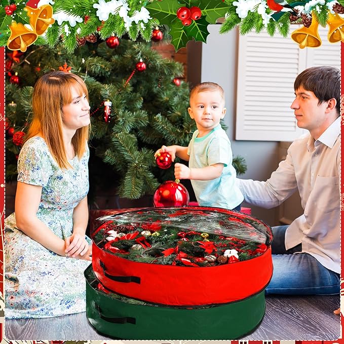 Aliceset 4 Pack Wreath Storage Containers, Ornament Garland Wreath Storage Bags with Handle Zipper Decorative Storages Box for Winter Valentine Wreaths(30 x 30 x 7.8 Inch,Red, Green)