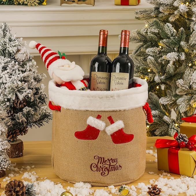 Christmas Bucket Xmas Buckets Jute Ornaments Storage Basket for Christmas Game Organizer Tin with Handles, Gift Basket Empty Decorative Kitchen Candy Bars for Xmas Winter Holidays Party Favors
