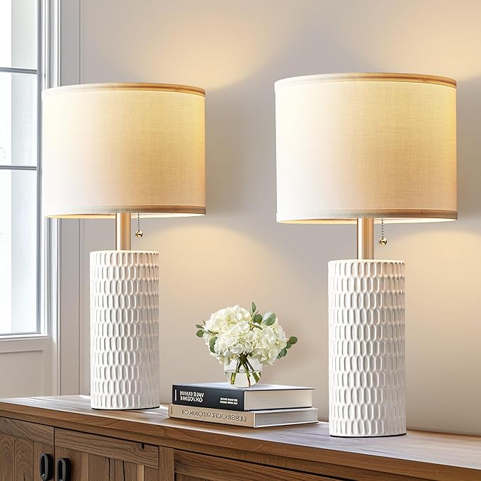 Reaketon 20" Small Ceramic Table Lamps for Bedroom Set of 2, Modern Lamps for Night Stands, Farmhouse Table Lamps for Living Room, Home Office and Hallways,White