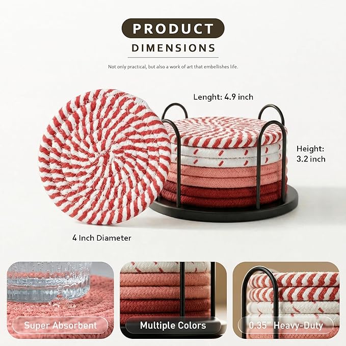 Lazebox Coasters Set of 8 for Drinks, Beer, Coffee, Cotton Woven 4 Colors Absorbent Coaster with Holder, Boho Coasters for Home Decor Tabletop Protection Suitable for Kinds of Cups