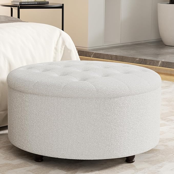 30 Inch Round Storage Ottoman,Modern Tufted Ottomans,Circular Coffee Table with Removable Top,Upholstered Large Ottoman with Storage Footrest Stool for Bedroom Living Room (Teddy White)