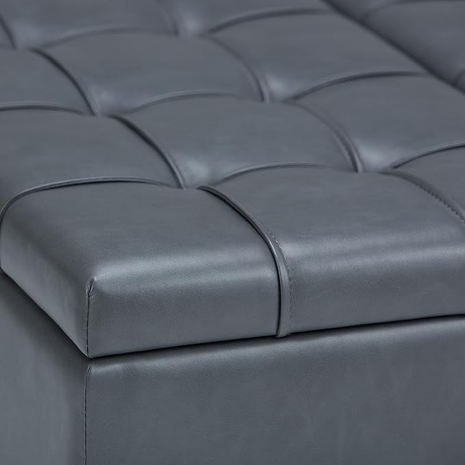 SIMPLIHOME Harrison Coffee Table Storage Ottoman - 36 inch Wide Upholstered Vegan Leather Square Lift-Top Ottoman in Stone Grey, Transitional Ottoman for Living Room with Hidden Storage