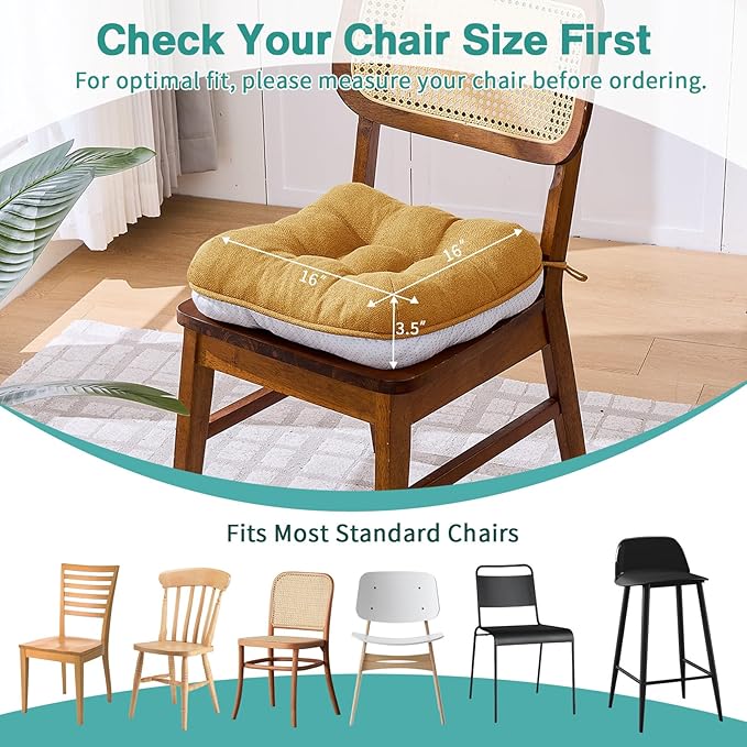 BETU Chair Cushions for Dining Chairs Set of 6,3.5" Thick Kitchen Table Chair Pads with Ties,Non Slip Backing and Covers, Seat Cushion for Dining Room,Bar,Patio Chairs,16"X16"X3.5",Yellow