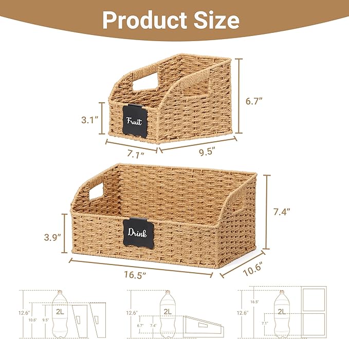 Pantry Organizers, Handwoven Large Wicker Baskets for Shelves & Kitchen, Labeled Storage Baskets for Organizing with Handles - Paper Storage Bins for Shelves, 3 Pack, Natural
