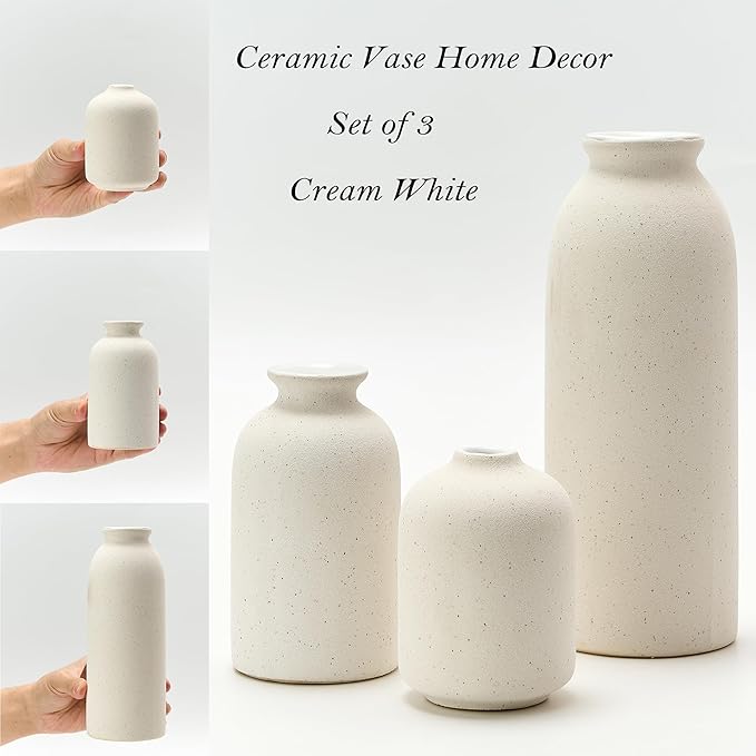 Ceramic Vase Set of 3, Decorative Nordic Minimalist Vases Home Decor for Living Room Kitchen Bedroom Entryway Mantel Table, Modern Decor for Bouquet Pampas Grass Dried Fresh Flowers- Cream White