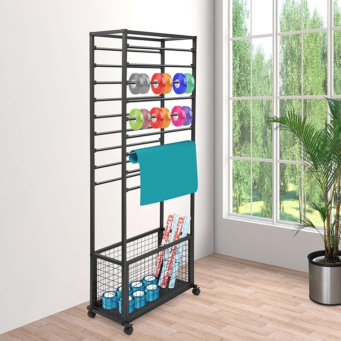 20 Tier Ribbon Holder Organizer Rack, Metal Double-Sided Ribbon Spool Storage Shelf with Wheels, Rolling Flower Wrapping Paper Storage Stand for Craft Room Flower Shop Gift Wrapping(Taller, Black)