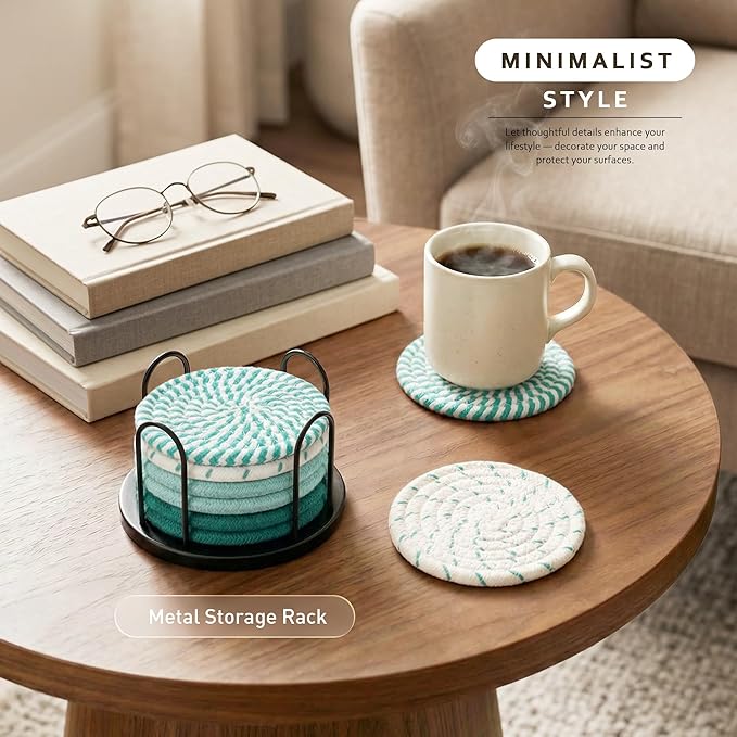 Lazebox Coasters Set of 8 for Drinks, Beer, Coffee, Cotton Woven 4 Colors Absorbent Coaster with Holder, Boho Coasters for Home Decor Tabletop Protection Suitable for Kinds of Cups