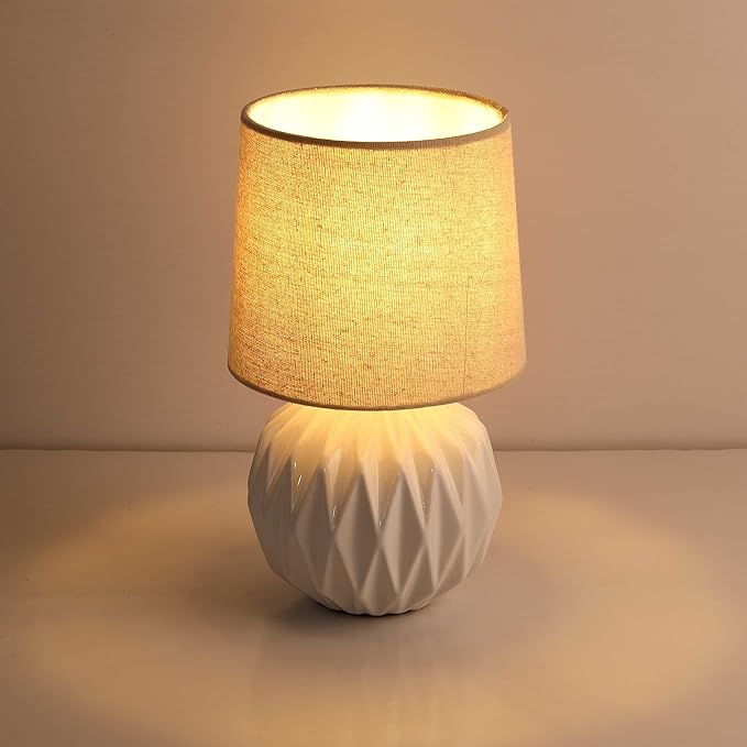 White Ceramic Table Lamp, Geometric Textured Small Bedside Lamp with Linen Shade, Mid Century Modern Nightstand Lamp for Bedroom Living Room Reading Room, H 12" x W 6.7", 7W LED Bulb Included
