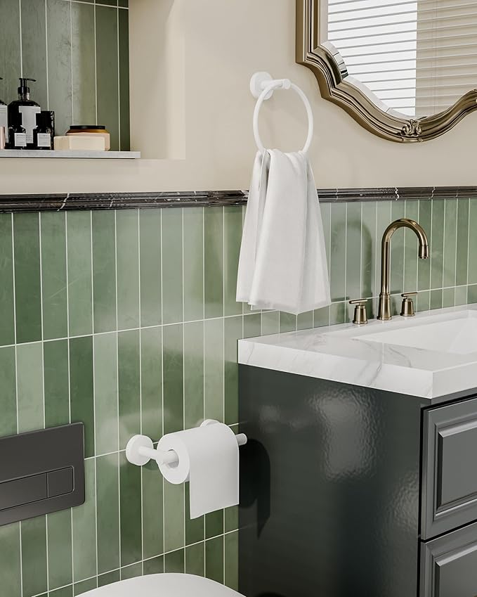 RARXTR White Toilet Paper Holder & Towel Ring SUS304 Stainless Steel 2pc Bathroom Hardware Set with Double Post Pivoting Toilet Paper Roll Holder Wall Mount & Bathroom Towel Holder Set