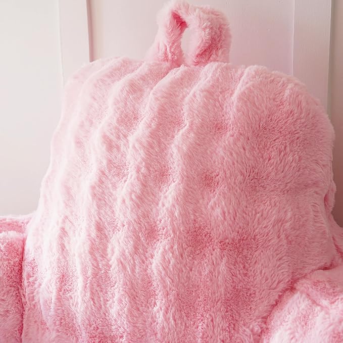 Yaoshuho Faux Fur Reading Pillow for Sitting in Bed, Large Backrest Bed Pillow with Arms, Back Support Pillow for Lounging Bedrest, Pink