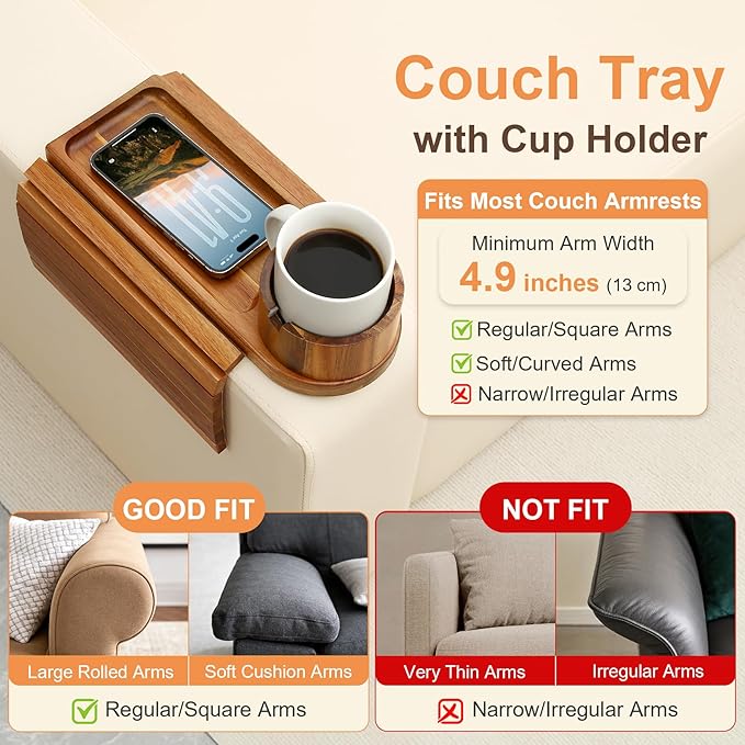 Couch Cup Holder, Acacia Wood Couch Arm Tray with 360° Rotating Cup Holder,Foldable Anti-Slip Sofa Arm Chair Tray for Eating Snack Drink Side Table