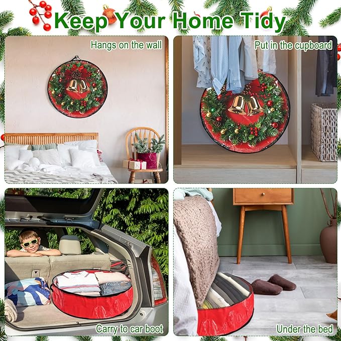 4 Pack 30x8Inch Christmas Wreath Storage Container, Large Clear Holiday Garland Storage Bags with Handle (Red)