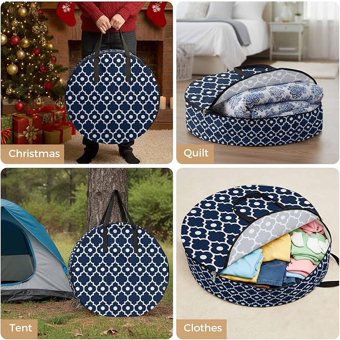 Storage Bag Blue Moroccan Design Round Storage Totes Bins Closet Organizers with Zippers & Handle Geometric Art Clothes Storage Container for Bedroom Dorm Space Saving Packing Supplies Moving Bags