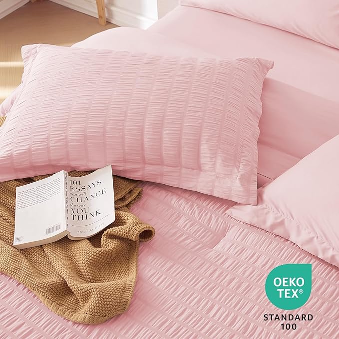 MUXHOMO 7 Pieces King Comforter Set, Seersucker Bed in a Bag King Size, All Season Luxury Bedding Set with Comforter, Flat Sheet, Fitted Sheet, Pillowcases & Shams, Pink