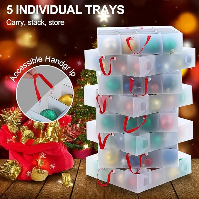 Portable Waterproof Christmas Decoration Ball Storage Box - Stores 128 Ornaments, 3-inch Balls, 8 Independent Layered Trays, Foldable for Easy Access