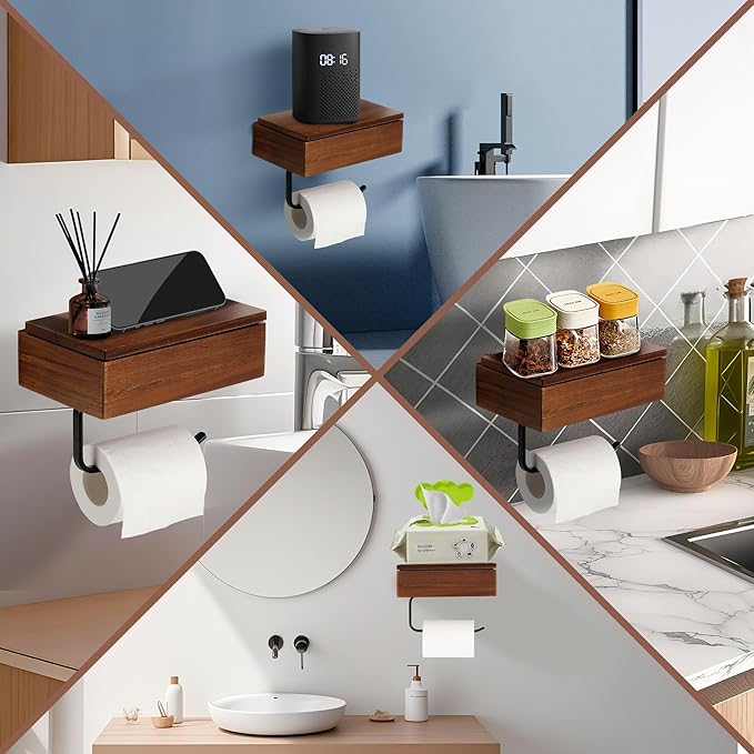 Toilet Paper Holder with Acacia Wood Shelf - Wall Mount & Self-Adhesive Bathroom Tissue Roll Holder, Black Stainless Steel with Storage - Home Apartment Restroom