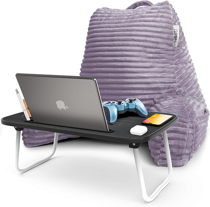 Nestl Dusty Purple Reading Pillow with Bed Desk for Laptop and Writing, Luxe Cut Plush Back Pillow for Sitting Up, Back and Arms Adjustable Support for Adult & Teens, Foldable Lap Desk for Bed 22x14”
