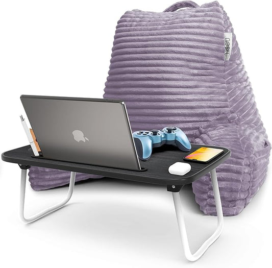 Nestl Dusty Purple Reading Pillow with Bed Desk for Laptop and Writing, Luxe Cut Plush Back Pillow for Sitting Up, Back and Arms Adjustable Support for Adult & Teens, Foldable Lap Desk for Bed 22x14”