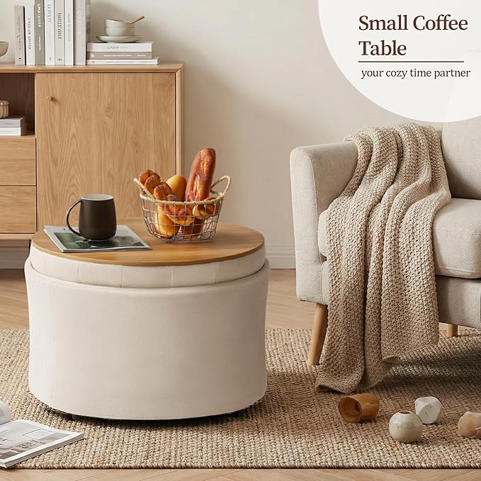 ONBRILL 25" Round Ottoman Coffee Table, Storage Ottoman with Lift-Off Lid, Multifunctional Foot Rest & Hidden Storage, Sturdy Steel Frame for Bedroom, Living Room, Corners, Apartment”