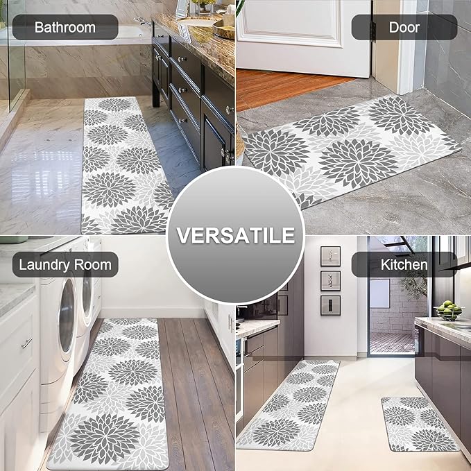 HEBE Anti Fatigue Kitchen Rugs Sets of 2, Non Slip Kitchen Mats for Floor, Waterproof Cushioned Comfort Standing Carpet for Kitchen Sink, Home Office, Laundry Room, Gray