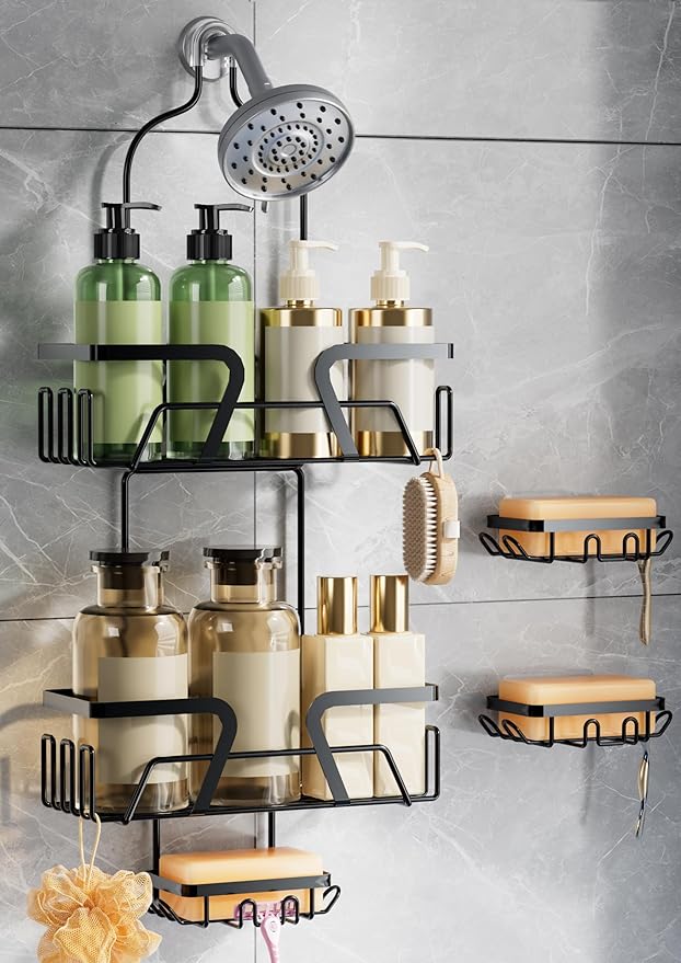 DAOYA Shower Caddy Hanging with 3 Soap Holder - Over the Shower Head Caddy for Bathroom Organization(for Bathroom Organization, 24 Side Hooks, 3 Razor Holder
