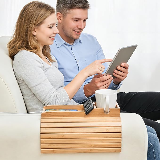 GEHE Couch Cup Holder, Anti Falling Sofa Arm Tray, Natural Bamboo Sofa Cup Holder More Safe for You Family, Portable Couch Arm Tray Armrest Table for Remote, Snacks, Phone, Drinks