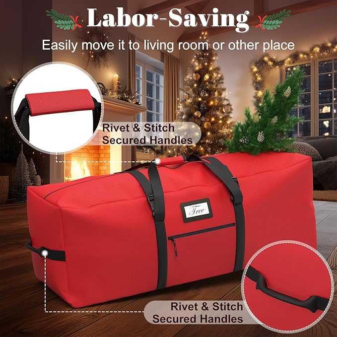 Christmas Tree Storage Bag with Rolling Wheels, Fits for 9ft Xmas Artificials, Large Xmas Storage Container with Reinforced Carry Handles and Fixed Buckle, 600D Oxford Cloth, Dual Zippers