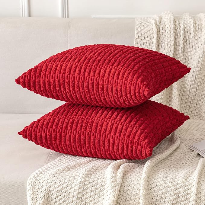 MIULEE Pack of 2 Red Corduroy Decorative Pillow Covers 16x16 Inch Soft Boho Striped Throw Pillow Covers Modern Farmhouse Home Decor for Sofa Living Room Couch Bed