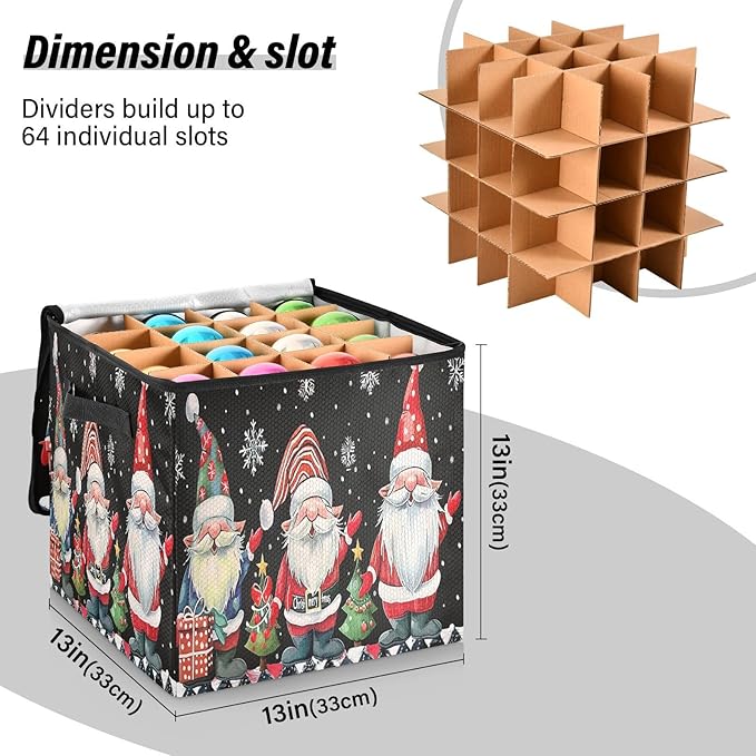 Gnomes Christmas Ornament Storage Basket Box Winter Snowflake Holiday Storage Container Cube with Adjustable Dividers for 64 Holiday Ornaments or Decorations Keeps Clean and Dry for Next Season