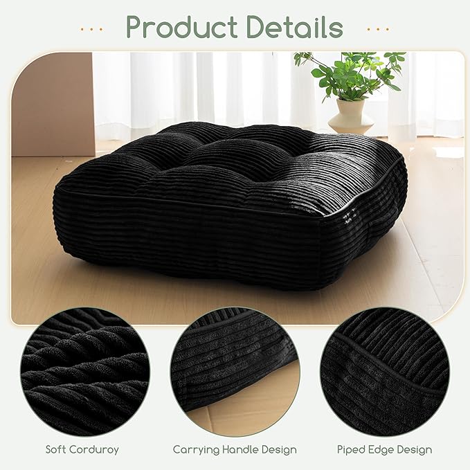 HIGOGOGO 6" Extra Thick Floor Pillow Cushion for Adults, Meditation Cushion Pillow, Large Square Floor Sitting, Tufted Corduroy Cover, for Tatami Living Room or Yoga, 22x22 Inch, Black