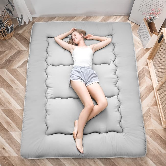MAXYOYO Japanese Floor Mattress, Thicken Futon Sleeping Pad Foldable Roll Up Mattress Boys Girls Dormitory Floor Lounger Cushion and Sofas, Grey, Twin Size