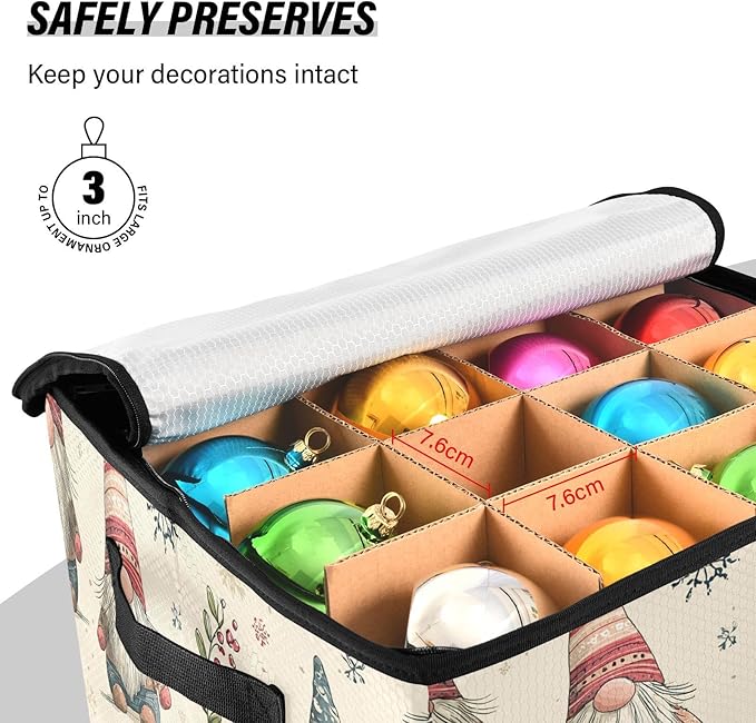 Christmas Gnomes Ornament Storage Basket Box Santa Claus Bells Winter Holiday Storage Container Cube with Adjustable Dividers for 64 Holiday Ornaments or Decorations Keep Clean and Dry for Next Season