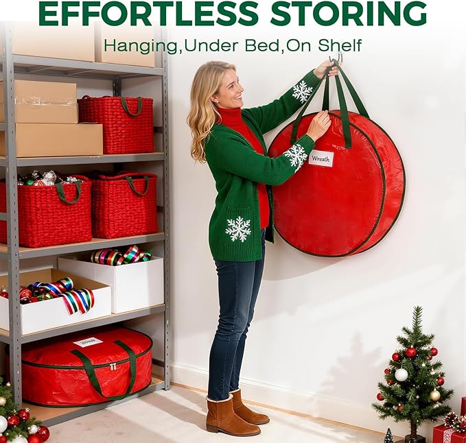 DeckTheHalls Christmas Wreath Storage Container, 2-PACK Waterproof Christmas Storage with Secure Zipper, Reinforced Carry Handles, Year-Round Protection for Christmas Garland & Holiday Decor (36 Inch)