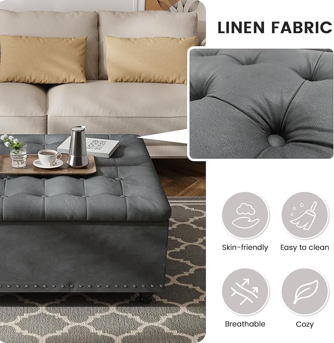 FUXA 35 Inch Large Square Ottoman with Storage, Oversized Ottoman Coffee Table with Lift Top and Wood Legs, Tufted Upholstered Storage Ottoman Bench for Living Room (Gray)