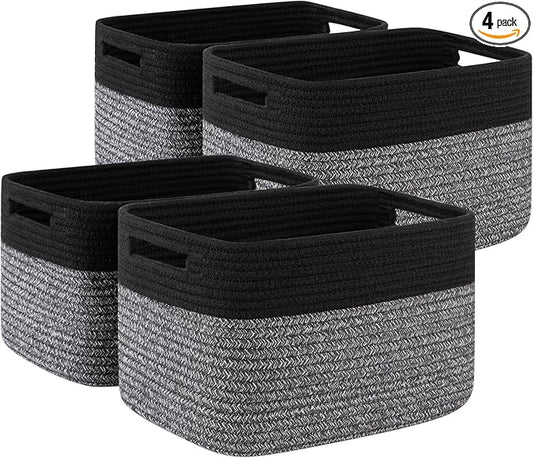 4 Pack Storage Baskets for Organizing, Woven Baskets for Shelves - Perfect for Toys, Books, Towels, and Clothes, Durable Gift Basket Bins Toy Storage, 12.7''Lx9''Wx7.8''H, Dark Grey and Black