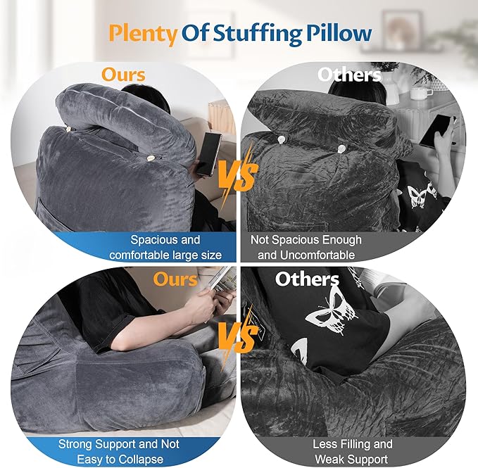 Rengue 31" Ergonomic Bed Rest Pillow, Grey Large Reading Pillow with Detachable Neck Roll Soft PP Cotton Backrest with Arms Pockets for Bed Couch Reading Watching TV