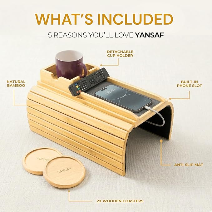 4-in-1 Detachable Bamboo Couch Cup Holder & Arm Tray with 2 Wooden Coasters, Anti-Slip Sofa Arm Tray, Foldable Couch Armrest Table, Organizer for Drinks, Snacks, Remote & Phone