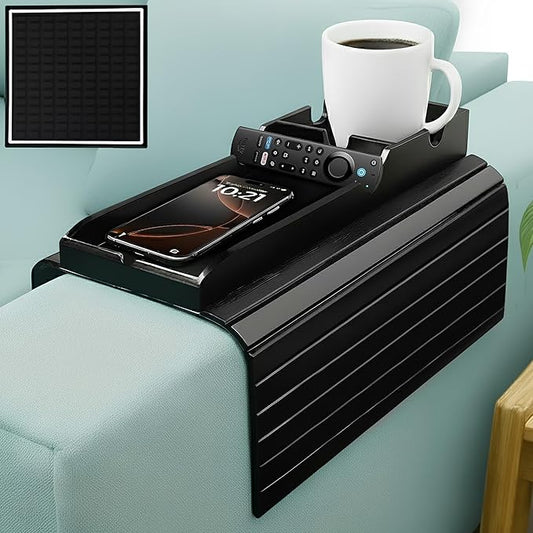Bamboo Couch Cup Holder Tray, Sofa Arm Tray with Black Mat | Anti-Slip Foldable Sofa Armrest Table for Snacks, Drinks, Donuts, Phone & Remote - Lab Tray | Anti-Falling Couch Organizer
