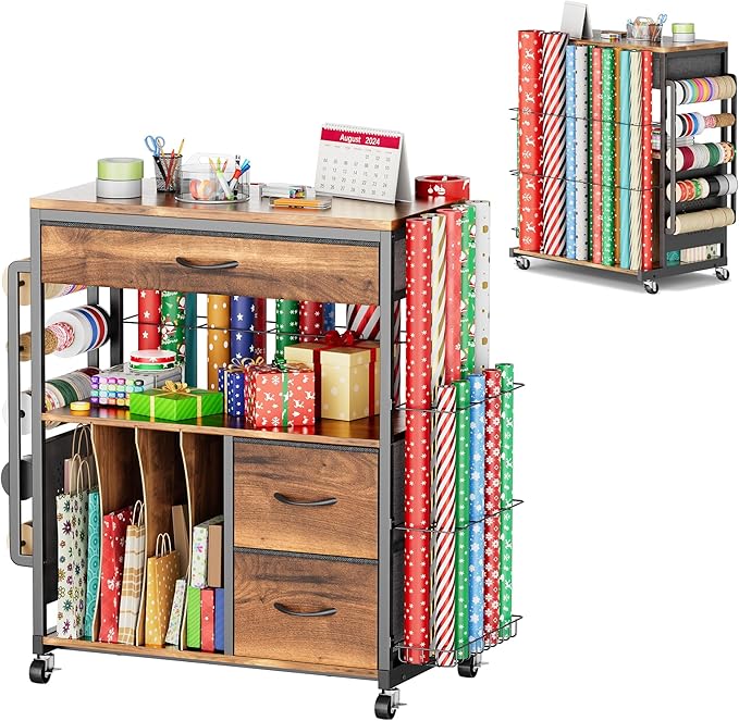 PUNLUXU Wrapping Paper Storage Cart, Rolling Gift Wrap Station with Ribbon and Gift Bag, Craft Organizer Holder, 04 MAX Patent Protected