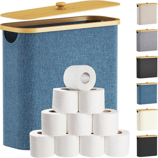 Lifewit Toilet Paper Storage Holder for 12 to 16 Rolls, Free Standing Toilet Paper Basket Stand with Bamboo Lid, Collapsible Fabric Bathroom Organizer Box for Mega Rolls, 30L, Extra Large, Dark Blue